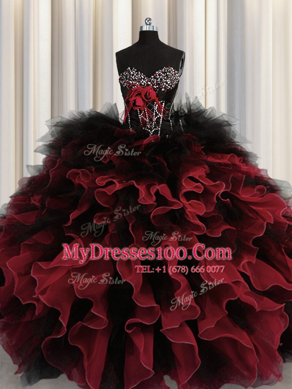 Red And Black Ball Gowns Organza and Tulle Sweetheart Sleeveless Beading and Ruffles Floor Length Lace Up Sweet 16 Quinceanera Dress