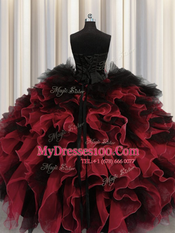 Red And Black Ball Gowns Organza and Tulle Sweetheart Sleeveless Beading and Ruffles Floor Length Lace Up Sweet 16 Quinceanera Dress