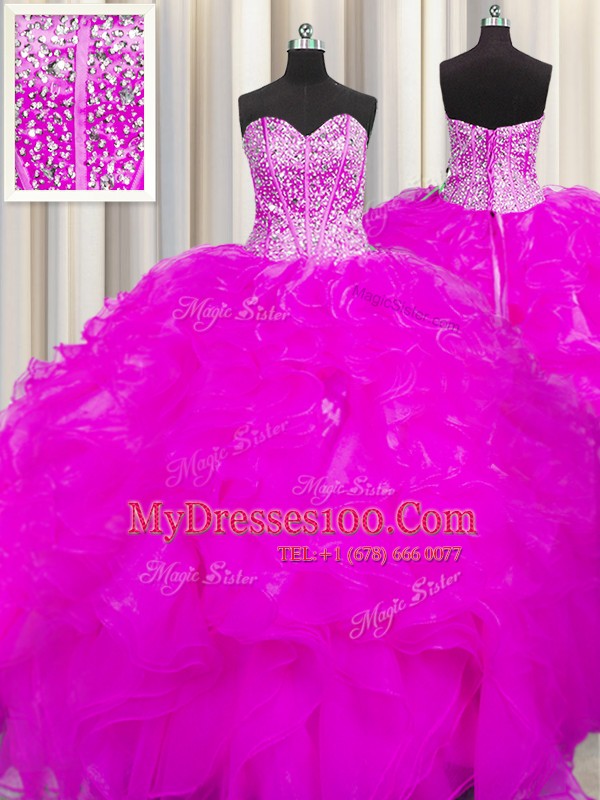 Super Visible Boning Beaded Bodice Floor Length Ball Gowns Sleeveless Fuchsia Quinceanera Gowns Lace Up