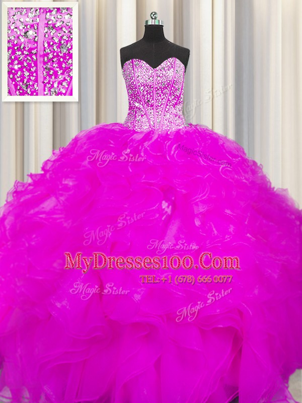 Super Visible Boning Beaded Bodice Floor Length Ball Gowns Sleeveless Fuchsia Quinceanera Gowns Lace Up