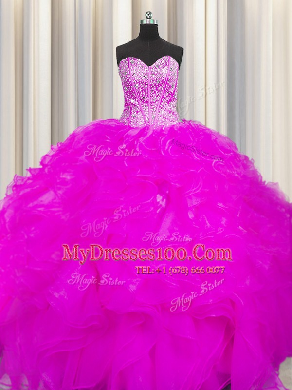 Super Visible Boning Beaded Bodice Floor Length Ball Gowns Sleeveless Fuchsia Quinceanera Gowns Lace Up