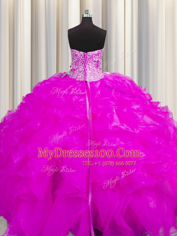 Super Visible Boning Beaded Bodice Floor Length Ball Gowns Sleeveless Fuchsia Quinceanera Gowns Lace Up