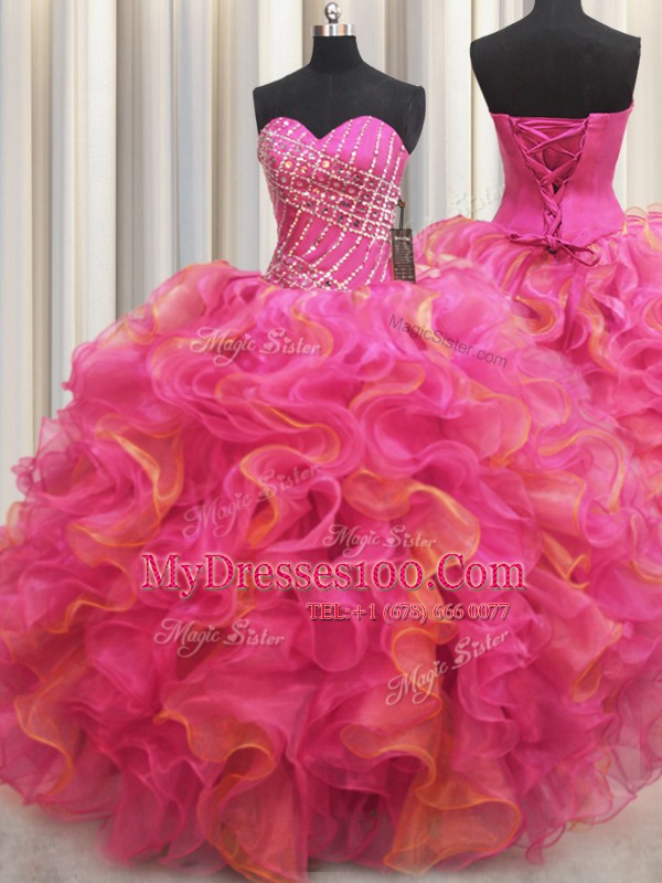 Comfortable Hot Pink Lace Up Quinceanera Dress Beading and Ruffles Sleeveless Floor Length