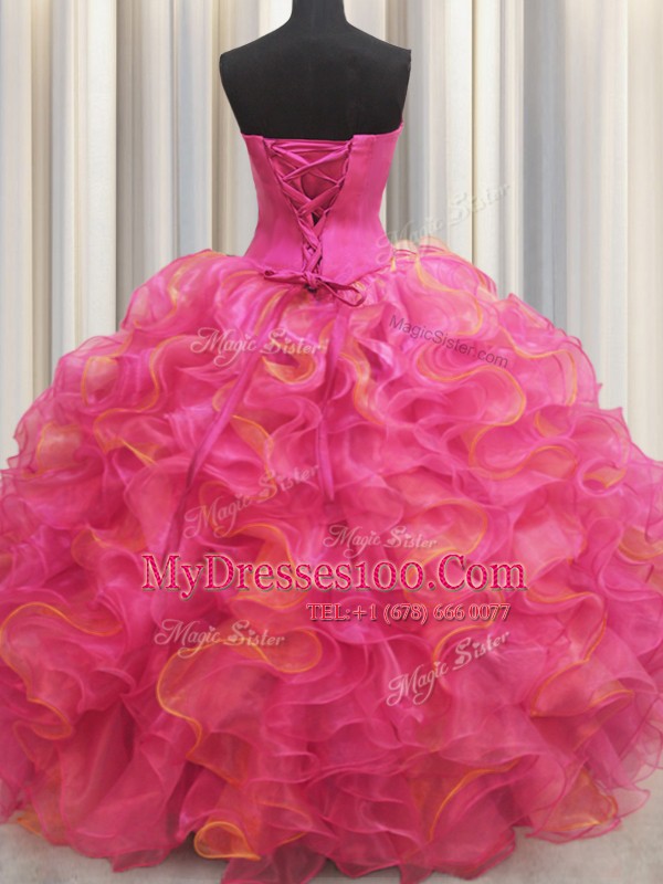 Comfortable Hot Pink Lace Up Quinceanera Dress Beading and Ruffles Sleeveless Floor Length