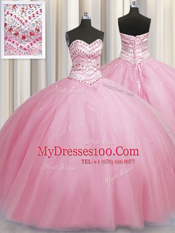 Bling-bling Big Puffy Beading Ball Gown Prom Dress Rose Pink Lace Up Sleeveless Floor Length