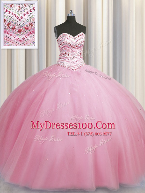 Bling-bling Big Puffy Beading Ball Gown Prom Dress Rose Pink Lace Up Sleeveless Floor Length