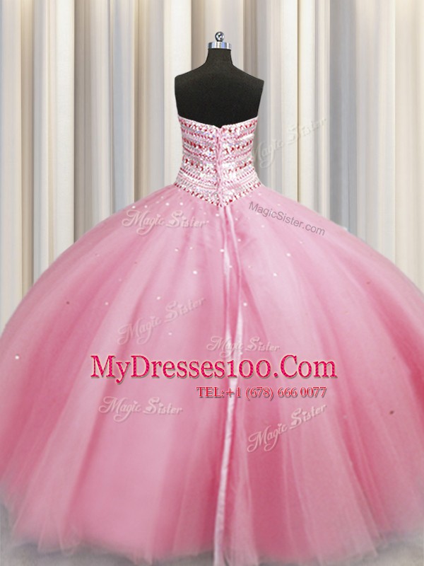 Bling-bling Big Puffy Beading Ball Gown Prom Dress Rose Pink Lace Up Sleeveless Floor Length