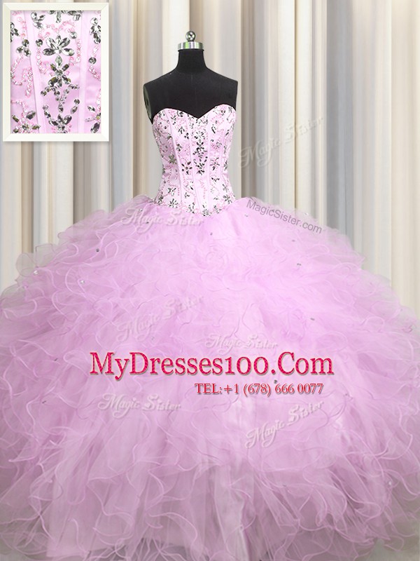 Custom Fit Visible Boning Sweetheart Sleeveless Quinceanera Dresses Floor Length Beading and Appliques and Ruffles Lilac Tulle