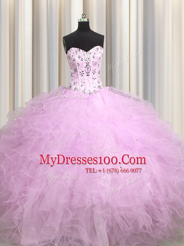 Custom Fit Visible Boning Sweetheart Sleeveless Quinceanera Dresses Floor Length Beading and Appliques and Ruffles Lilac Tulle