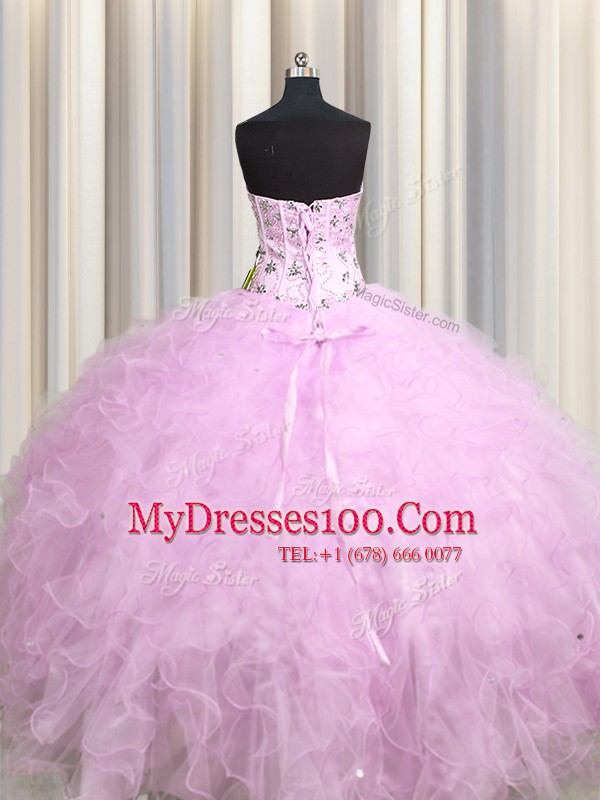 Custom Fit Visible Boning Sweetheart Sleeveless Quinceanera Dresses Floor Length Beading and Appliques and Ruffles Lilac Tulle