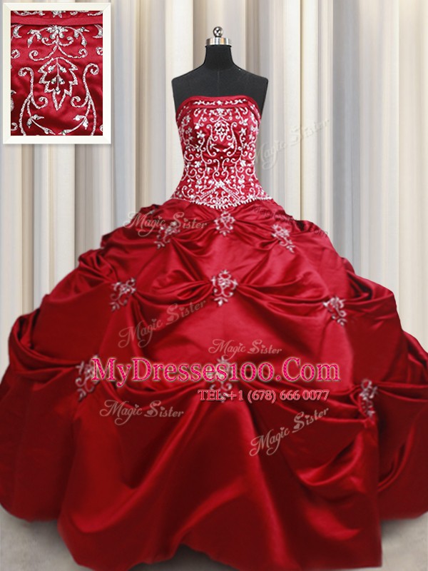 Deluxe Wine Red Ball Gowns Beading and Appliques and Embroidery Quinceanera Dress Lace Up Taffeta Sleeveless Floor Length
