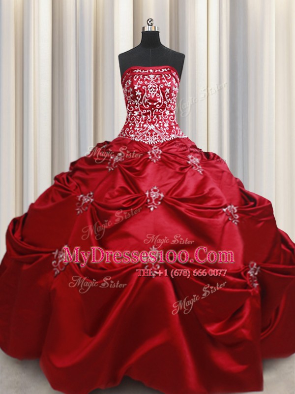 Deluxe Wine Red Ball Gowns Beading and Appliques and Embroidery Quinceanera Dress Lace Up Taffeta Sleeveless Floor Length