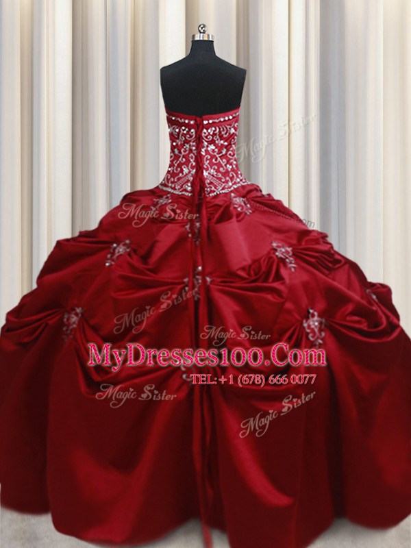 Deluxe Wine Red Ball Gowns Beading and Appliques and Embroidery Quinceanera Dress Lace Up Taffeta Sleeveless Floor Length
