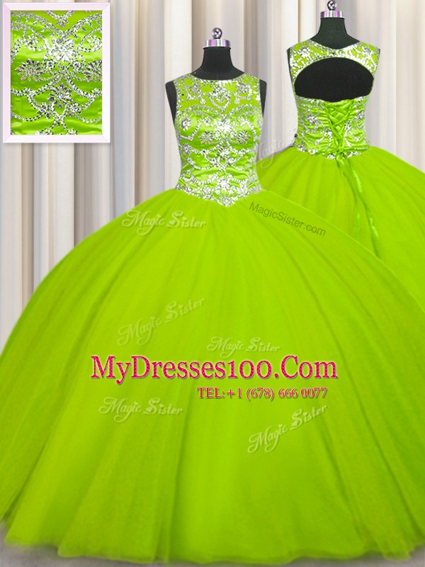 Yellow Green Ball Gowns Tulle Scoop Sleeveless Beading Floor Length Lace Up Ball Gown Prom Dress