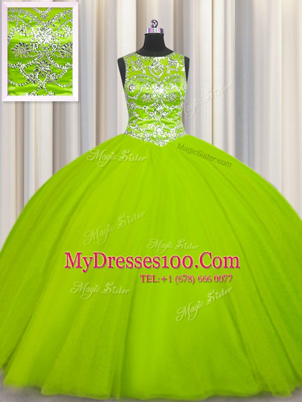Yellow Green Ball Gowns Tulle Scoop Sleeveless Beading Floor Length Lace Up Ball Gown Prom Dress