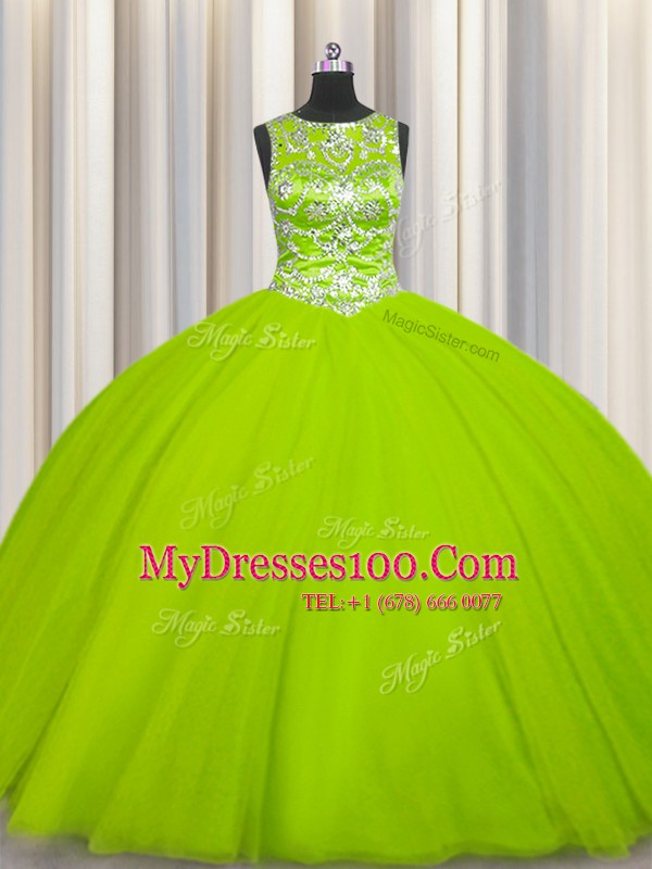 Yellow Green Ball Gowns Tulle Scoop Sleeveless Beading Floor Length Lace Up Ball Gown Prom Dress