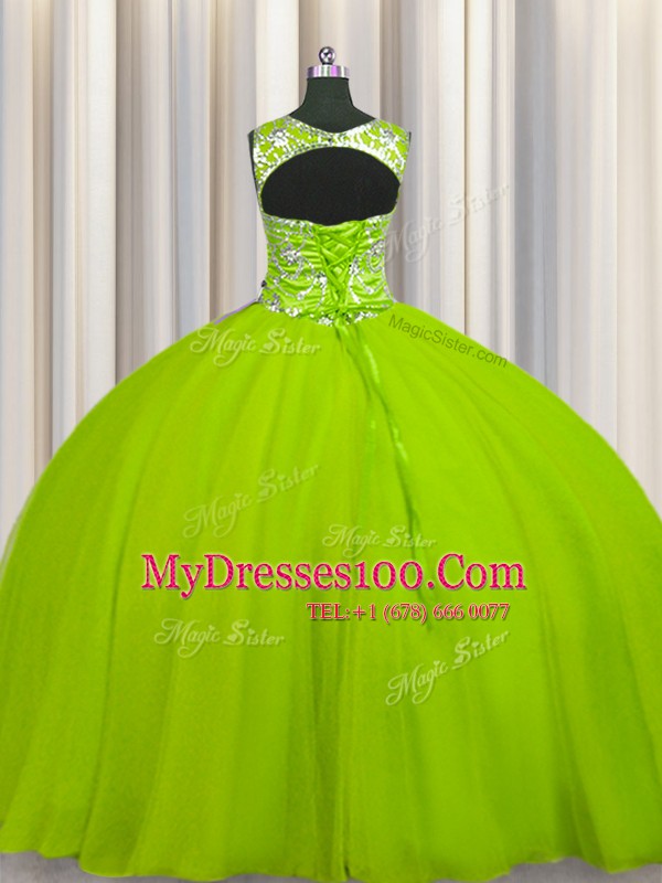Yellow Green Ball Gowns Tulle Scoop Sleeveless Beading Floor Length Lace Up Ball Gown Prom Dress