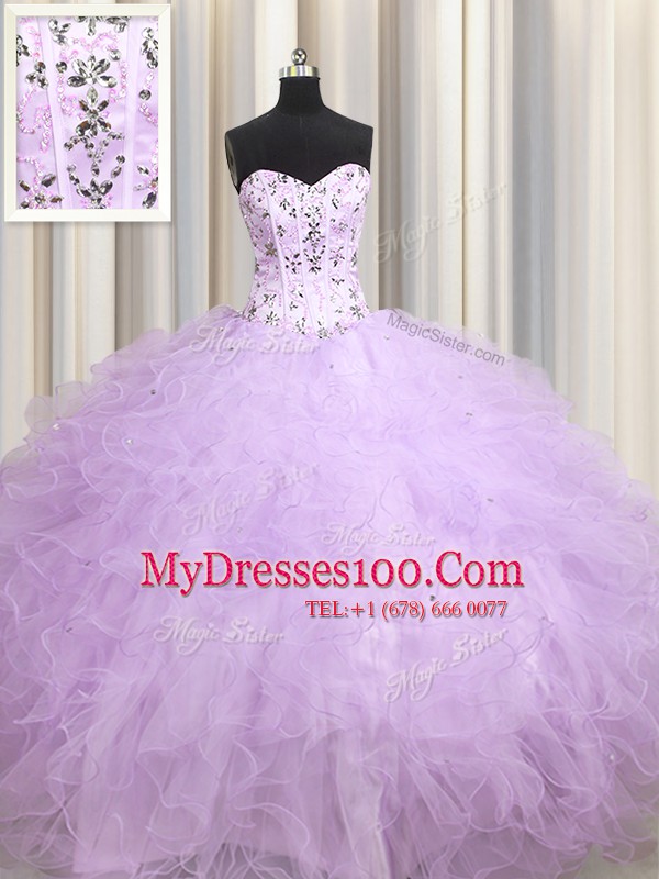 Fine Visible Boning Ball Gowns 15th Birthday Dress Lavender Sweetheart Tulle Sleeveless Floor Length Lace Up