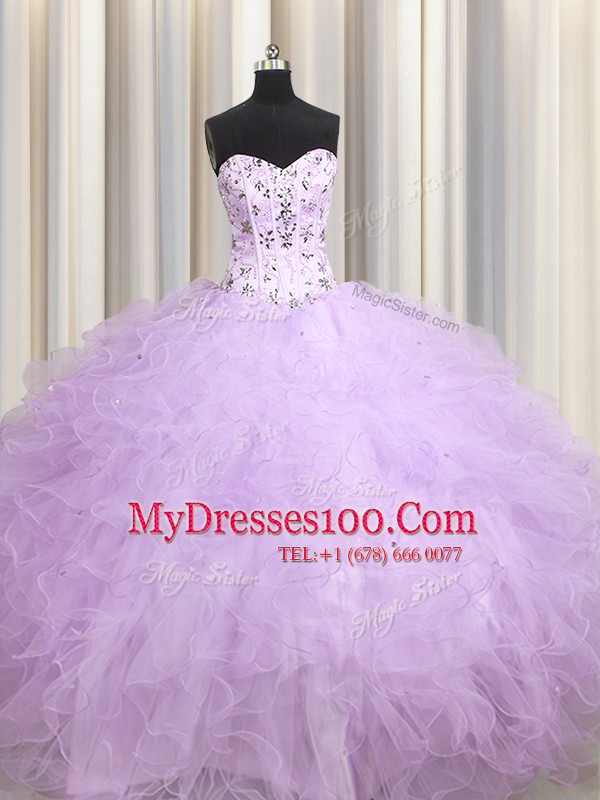 Fine Visible Boning Ball Gowns 15th Birthday Dress Lavender Sweetheart Tulle Sleeveless Floor Length Lace Up