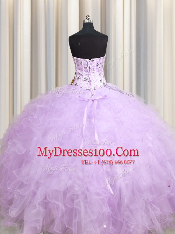 Fine Visible Boning Ball Gowns 15th Birthday Dress Lavender Sweetheart Tulle Sleeveless Floor Length Lace Up