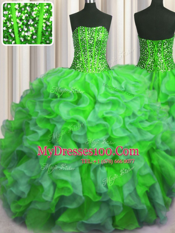 Traditional Visible Boning Bling-bling Organza Strapless Sleeveless Lace Up Beading and Ruffles Quinceanera Dress in Multi-color