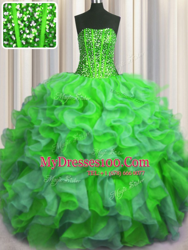 Traditional Visible Boning Bling-bling Organza Strapless Sleeveless Lace Up Beading and Ruffles Quinceanera Dress in Multi-color