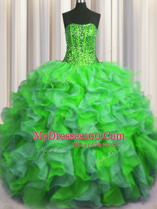 Traditional Visible Boning Bling-bling Organza Strapless Sleeveless Lace Up Beading and Ruffles Quinceanera Dress in Multi-color