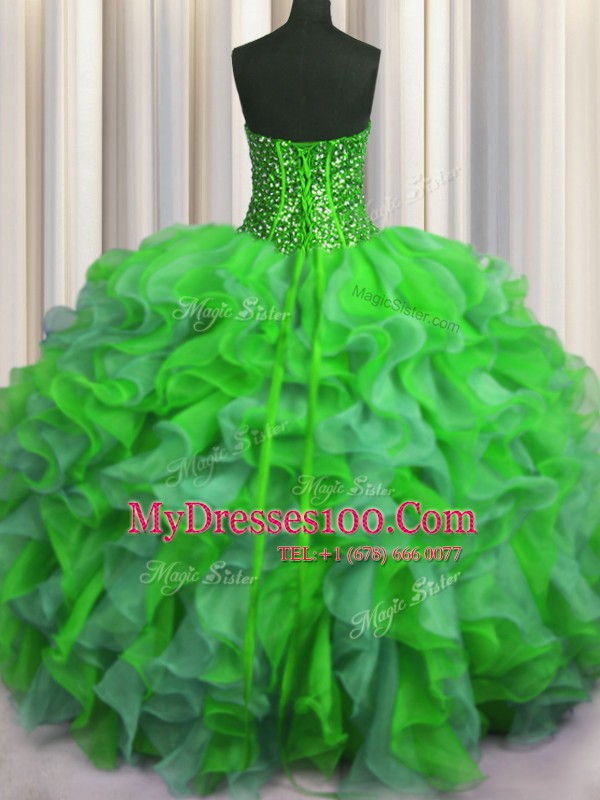 Traditional Visible Boning Bling-bling Organza Strapless Sleeveless Lace Up Beading and Ruffles Quinceanera Dress in Multi-color
