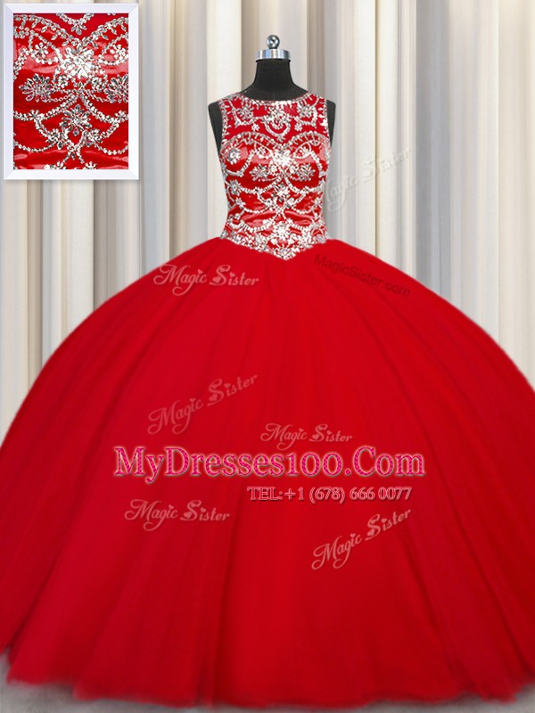 Deluxe Red Scoop Lace Up Beading Sweet 16 Dresses Sleeveless