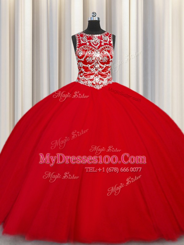 Deluxe Red Scoop Lace Up Beading Sweet 16 Dresses Sleeveless