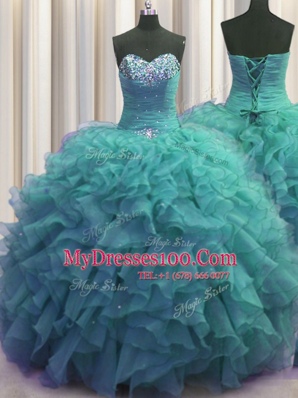 Best Selling Beaded Bust Floor Length Ball Gowns Sleeveless Turquoise Quinceanera Gowns Lace Up