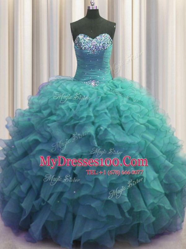 Best Selling Beaded Bust Floor Length Ball Gowns Sleeveless Turquoise Quinceanera Gowns Lace Up