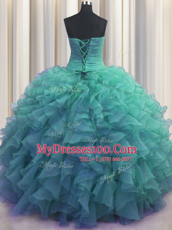 Best Selling Beaded Bust Floor Length Ball Gowns Sleeveless Turquoise Quinceanera Gowns Lace Up