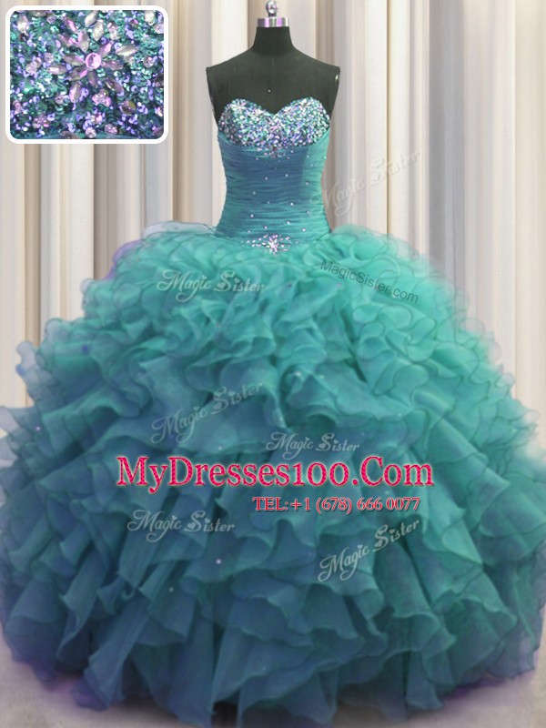 Best Selling Beaded Bust Floor Length Ball Gowns Sleeveless Turquoise Quinceanera Gowns Lace Up