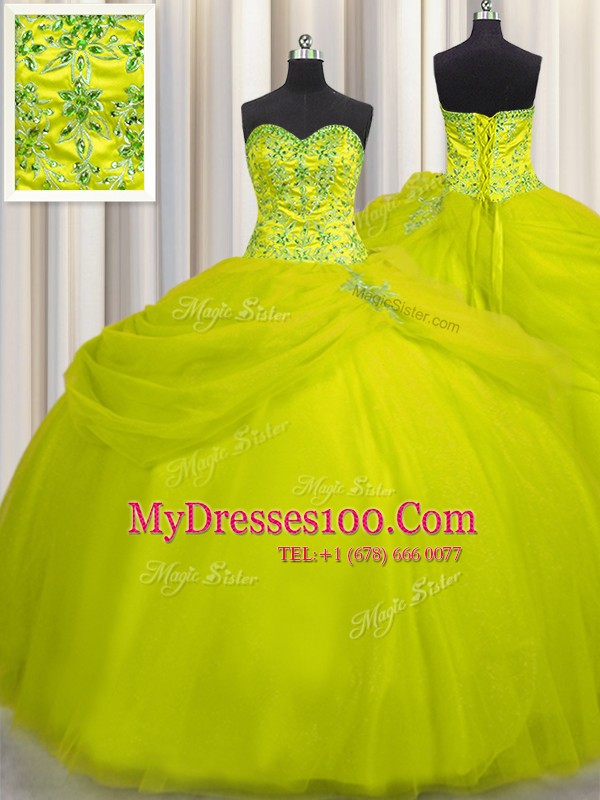 Really Puffy Yellow Green Lace Up Sweetheart Beading 15th Birthday Dress Tulle Sleeveless