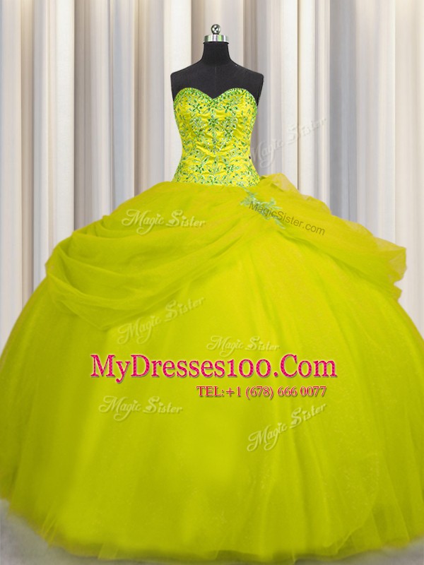 Really Puffy Yellow Green Lace Up Sweetheart Beading 15th Birthday Dress Tulle Sleeveless
