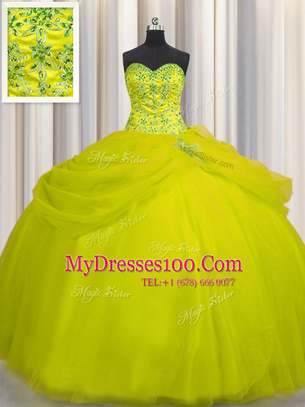 Really Puffy Yellow Green Lace Up Sweetheart Beading 15th Birthday Dress Tulle Sleeveless
