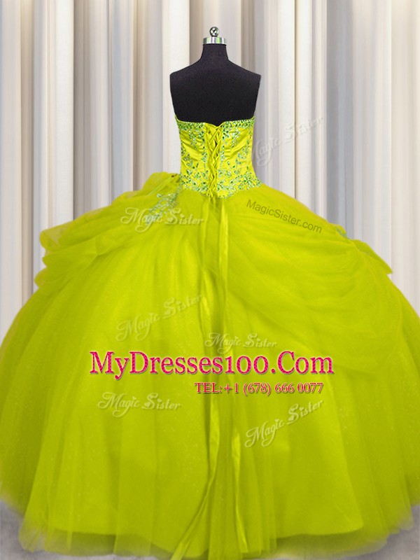 Really Puffy Yellow Green Lace Up Sweetheart Beading 15th Birthday Dress Tulle Sleeveless