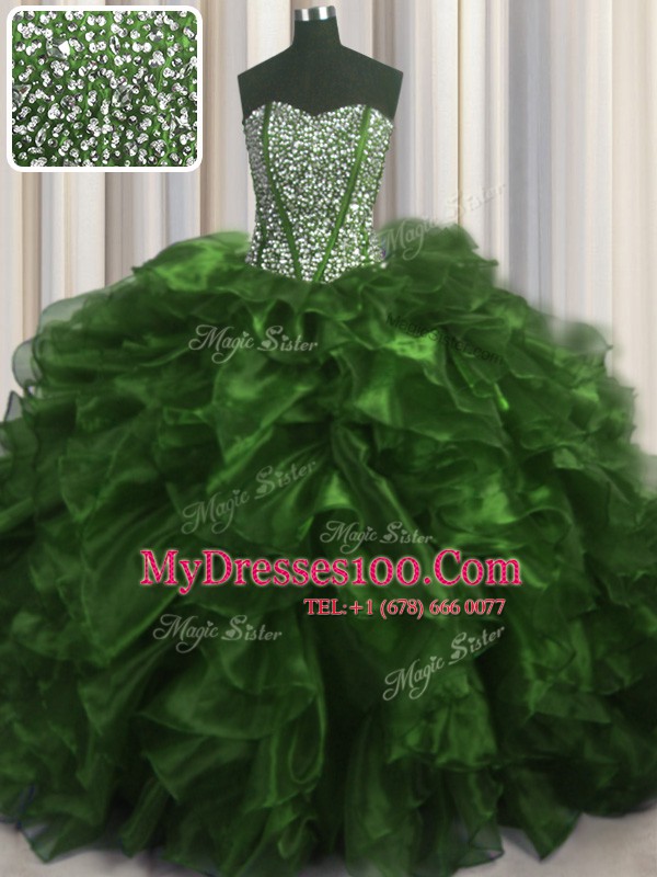 Visible Boning Olive Green Lace Up 15th Birthday Dress Beading and Ruffles Sleeveless With Brush Train