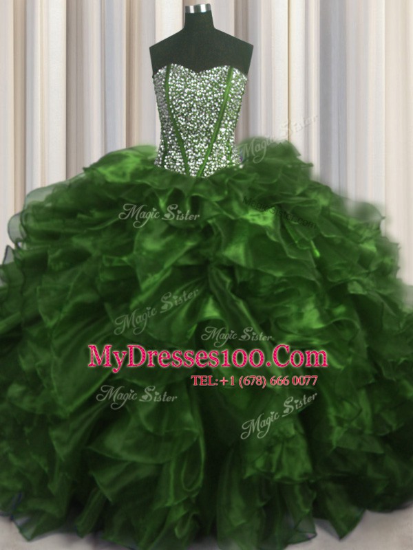 Visible Boning Olive Green Lace Up 15th Birthday Dress Beading and Ruffles Sleeveless With Brush Train