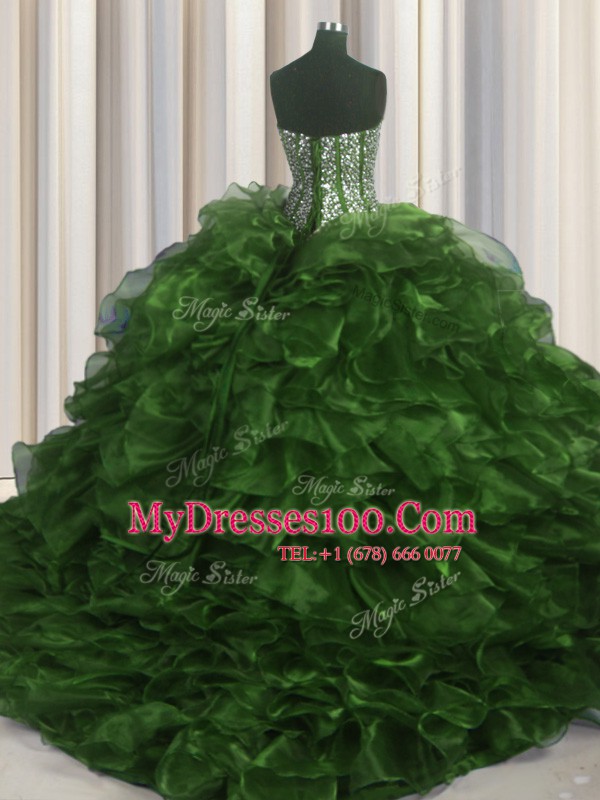 Visible Boning Olive Green Lace Up 15th Birthday Dress Beading and Ruffles Sleeveless With Brush Train