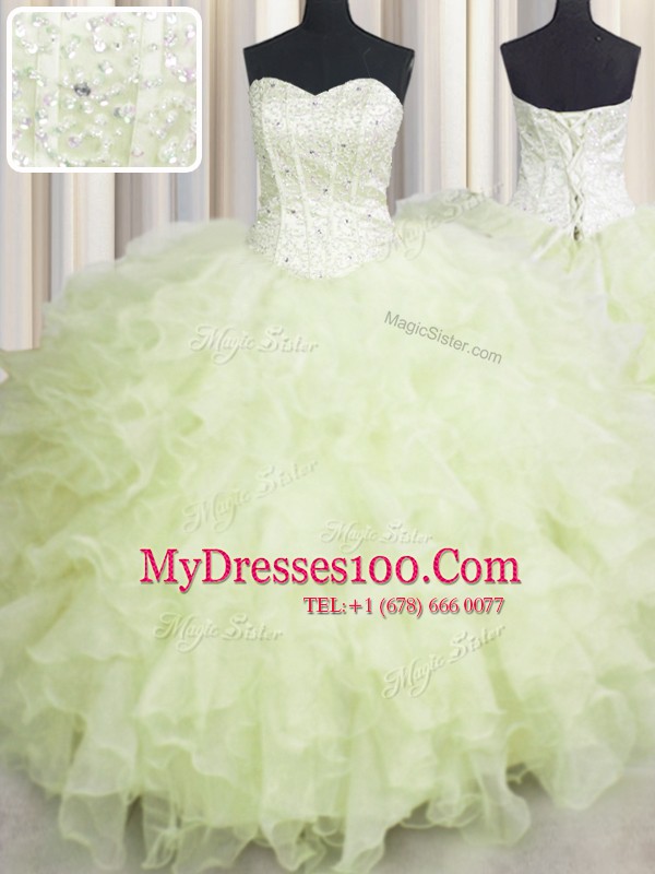 Floor Length Lace Up 15th Birthday Dress Yellow Green for Military Ball and Sweet 16 and Quinceanera with Beading and Ruffles