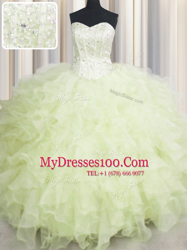 Floor Length Lace Up 15th Birthday Dress Yellow Green for Military Ball and Sweet 16 and Quinceanera with Beading and Ruffles