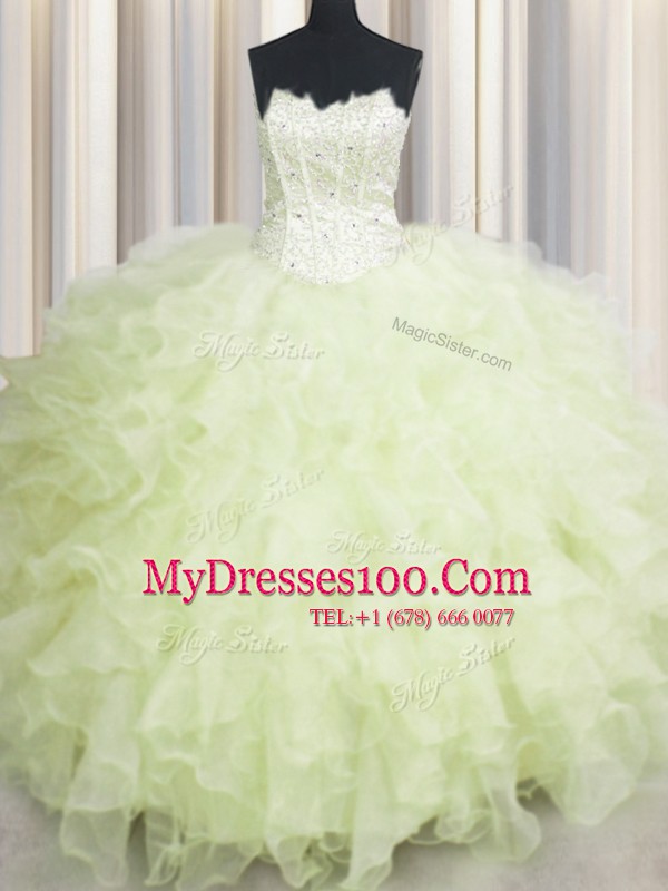 Floor Length Lace Up 15th Birthday Dress Yellow Green for Military Ball and Sweet 16 and Quinceanera with Beading and Ruffles