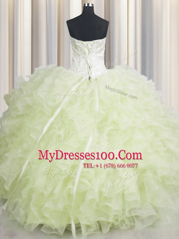 Floor Length Lace Up 15th Birthday Dress Yellow Green for Military Ball and Sweet 16 and Quinceanera with Beading and Ruffles