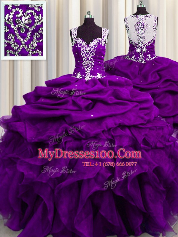 Discount Sequins See Through Back Purple Sleeveless Organza Zipper Sweet 16 Dresses for Military Ball and Sweet 16 and Quinceanera