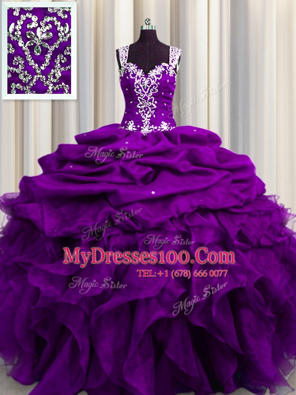 Discount Sequins See Through Back Purple Sleeveless Organza Zipper Sweet 16 Dresses for Military Ball and Sweet 16 and Quinceanera