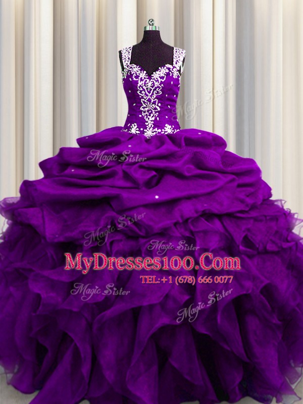 Discount Sequins See Through Back Purple Sleeveless Organza Zipper Sweet 16 Dresses for Military Ball and Sweet 16 and Quinceanera