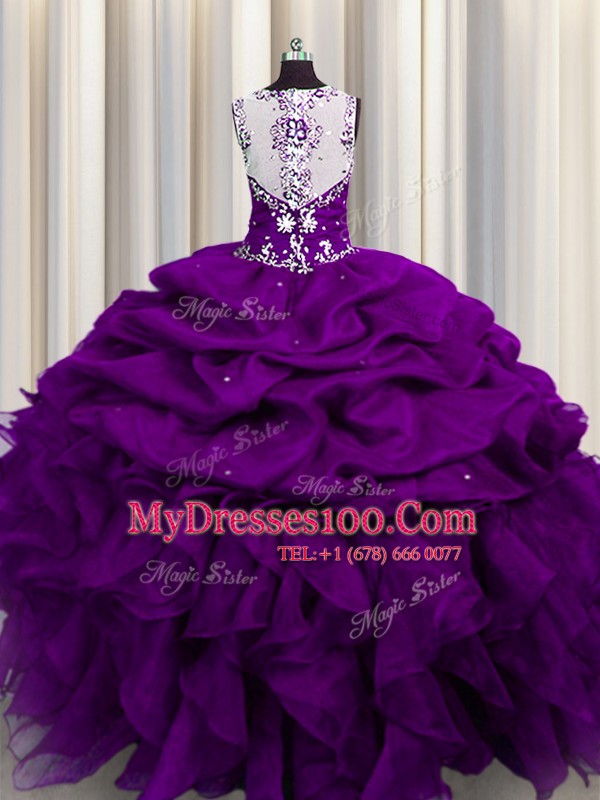 Discount Sequins See Through Back Purple Sleeveless Organza Zipper Sweet 16 Dresses for Military Ball and Sweet 16 and Quinceanera