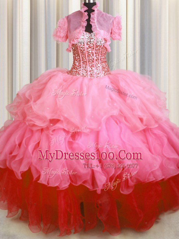Visible Boning Bling-bling Sleeveless Lace Up Floor Length Beading and Ruffled Layers Quinceanera Gowns